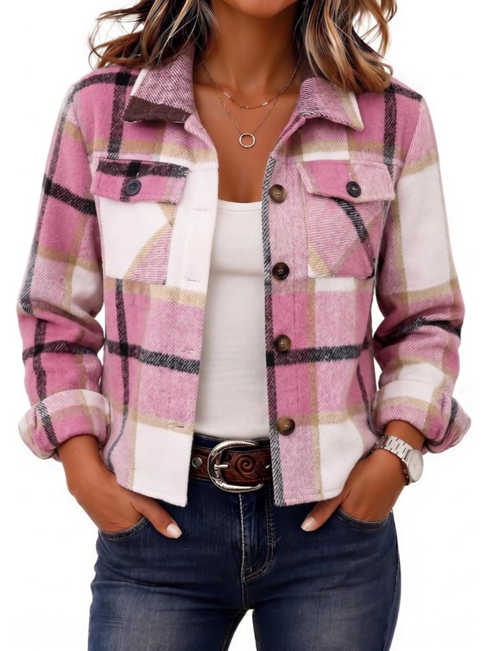 Women's Hot Pink Cropped Fashion Plaid Fall Coat Button Down Fall Winter Jackets - Picture 1 of 5